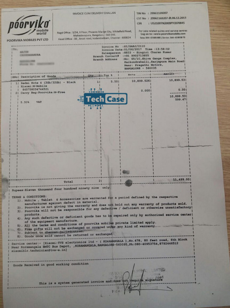 Poorvika Store Bill Xiaomi Redmi Note 4 Battery Explode