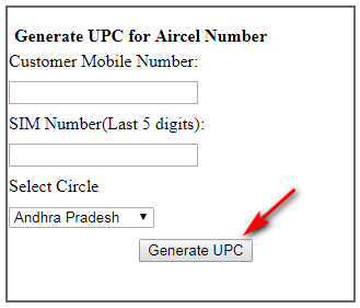 Generate UPC For Aircel Number Online